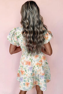 Bloemen Mini Jurk Gelaagde Rok Met Korte Mouwen Crème