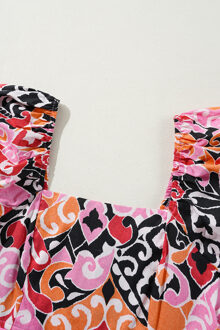 Bloemen Puff Mouw Mini Jurk Zwart