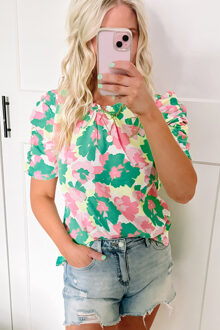 Bloemen Puff Sleeve Blouse Top - maat Donkergroen