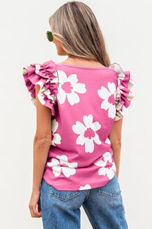 Bloemen Ruffle Korte Mouwen Top Stoffig Roze
