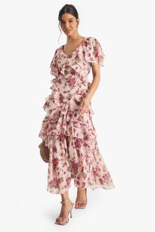 Bloemen Ruffle Maxi Jurk, Pink - 44