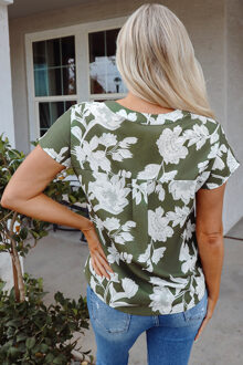 Bloemen V-hals Blouse olivep922 Donkergroen