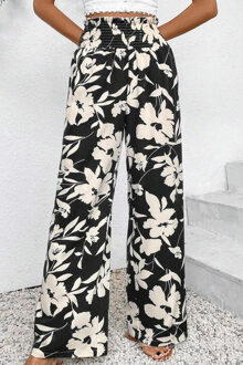Bloemen Wijde Pantalon Met Elastische Tailleband Zwart
