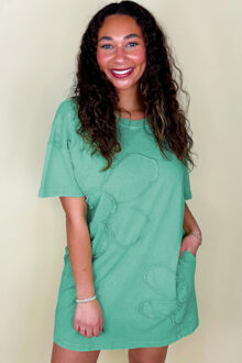 Bloemenapplicatie T-shirt Jurk - maat L Turquoise