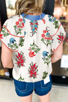 Bloemenblouse Korte Mouwen Flosjes Wit