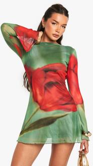 Bloemenmesh Mini Jurk Met Flared Mouwen, Green - 36