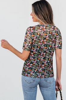 Bloemenmesh T-shirt met Korte Mouwen - maat M Zwart