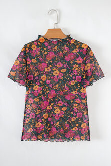 Bloemenmesh T-shirt Zwart