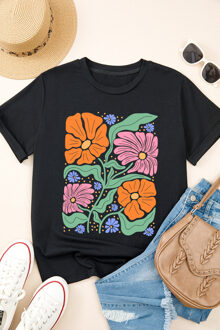 Bloemenpatroon Korte Mouwen T-shirt Zwart