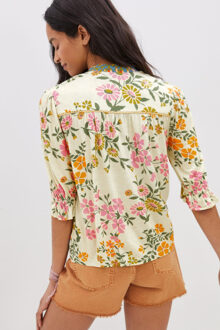 Bloemenprint Blouse Korte Mouw Geborduurd Lichtblauw