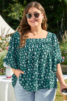 Bloemenprint Blouse Korte Mouwen Donkergroen