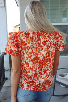 Bloemenprint Blouse Korte Mouwen Koraal