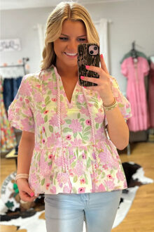 Bloemenprint Blouse met Koordjes Wit