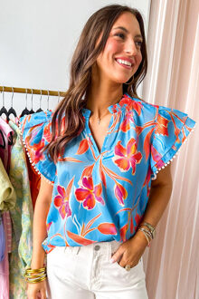 Bloemenprint Blouse met Rimpel Mouwen Lichtblauw