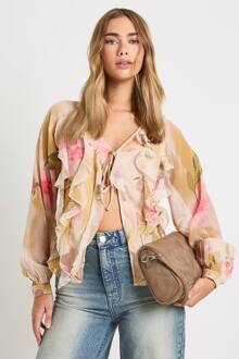 Bloemenprint Chiffon Blouse Met Ruches, Ivory - 44