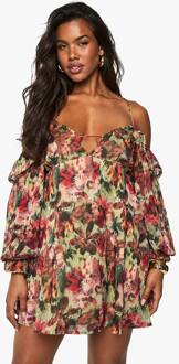 Bloemenprint Chiffon Gelaagde Mini-Jurk Met Open Schouders, Green - 42