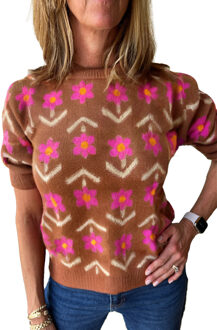 Bloemenprint Korte Mouwen Trui - maat L Bruin