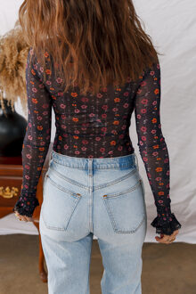 Bloemenprint Mesh Top Kantmanchetten Zwart