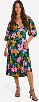 Bloemenprint Midi-Jurk Met Pofmouwen En Strik Aan De Rug, Multi - 36