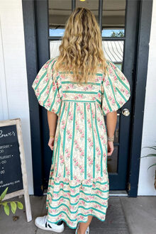 Bloemenprint Puff Sleeve Midi Jurk Ivoor