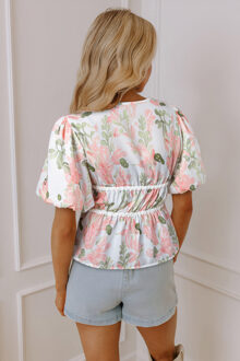 Bloemenprint Tailleband Blouse Wit