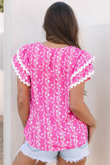 Bloemenprint Top met Vleugelmouwen Roze