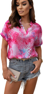 Bloemenprint V-hals Blouse Stoffig Roze