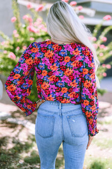 Bloemenprint Wikkel V-Hals Lange Mouwen Bodysuit - maat Lichtroze