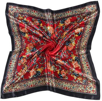 Bloemenprint Zijden Sjaal Vrouwen Kleine Zachte Pleinen Geplooide Haar Sjaal Mode Multicolor Sjaal Hoofddoek Hals Wrap Bandana rood