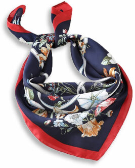 Bloemenprint Zijden Sjaals Voor Vrouwen Foulard Haarband Vierkante Hals Sjaals Lady Kleine Bandana Mode Zakdoek FJ204-1marine rood