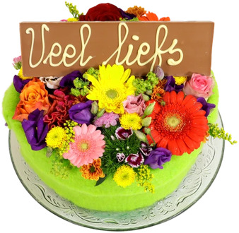 Bloementaart met Veel liefs reep