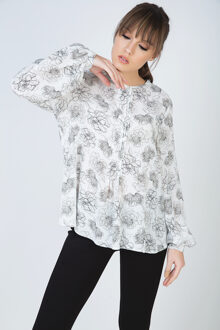 Bloementop met lange mouwen, ronde hals en knoopsluiting in de nek van Conquista Fashion - maat Ecru