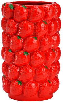 Bloemenvaas aardbeien - rood - keramiek - D12 x H19 cm - fruitvaas aardbei patroon
