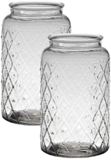 Bloemenvaas Brussel - 2x - transparant - glas - 16 x 26 cm - ruiten patroon - cilinder vaas