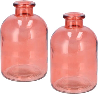 Bloemenvaas fles model - 2x - helder gekleurd glas - koraal roze - D11 x H17 cm - Vazen