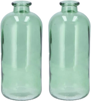 Bloemenvaas fles model - 2x - helder gekleurd glas - zeegroen - D11 x H25 cm - Vazen