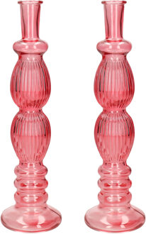 Bloemenvaas Florence - 2x - voor kleine stelen/boeketten - koraal rood glas - ribbel - D9 x H28 cm