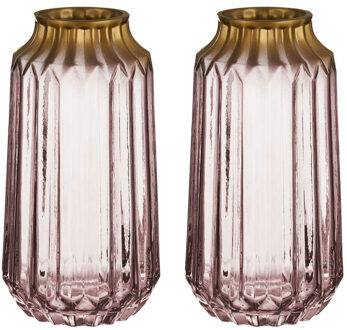 Bloemenvazen 2x stuks - luxe deco glas - roze transparant/goud - 13 x 23 cm - Vazen