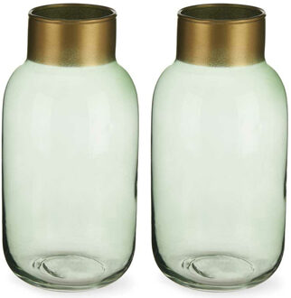 Bloemenvazen 2x stuks - luxe decoratie glas - groen/goud - 14 x 30 cm - Vazen Transparant