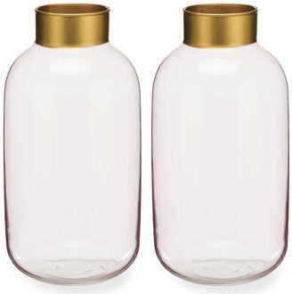 Bloemenvazen 2x stuks - luxe decoratie glas - roze transparant/goud - 14 x 30 cm - Vazen