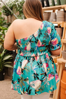 Bloemige Één-Schouder Gerimpelde Top Groenblauw