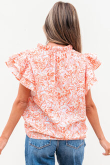 Bloemige Flutter Mouw Blouse Koraal