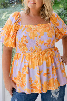 Bloemige Geplooide Puff Mouw Blouse Oranje