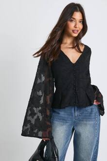 Bloemige Getextureerde Blouse Met Knoopsluiting, Black - 40