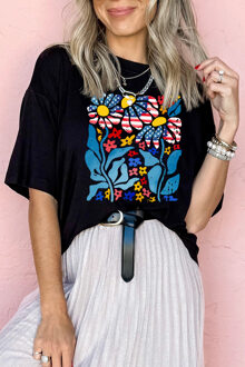 Bloemige Grafische T-shirt - maat S Zwart