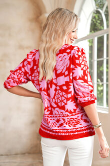 Bloemige Knop V-hals Blouse Klaproos