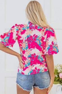Bloemige Korte Mouwen V-hals Blouse Stoffig Roze