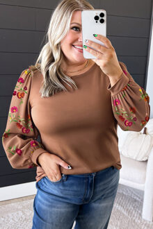 Bloemige Mouw Relaxed Fit Top Bruin