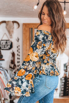 Bloemige Offshoulder Lange Mouwen Top Donkerblauw