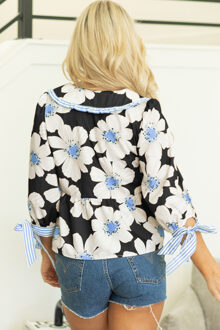 Bloemige Peter Pan Blouse met Strikmanchetten Zwart